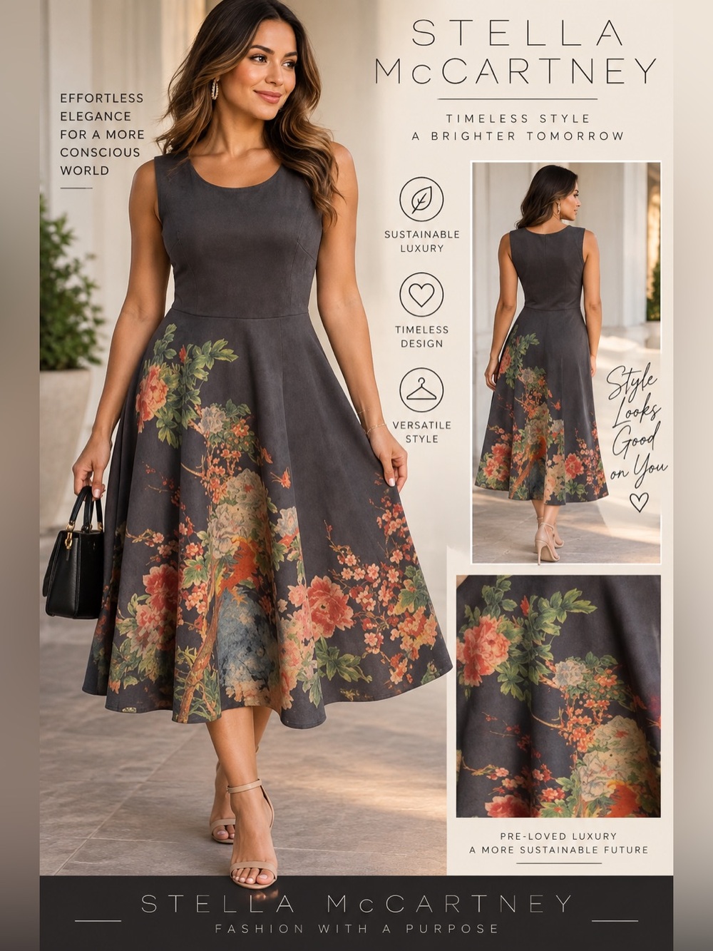 Stella McCartney Floral Midi Dress in Charcoal with Autumn Bouquet